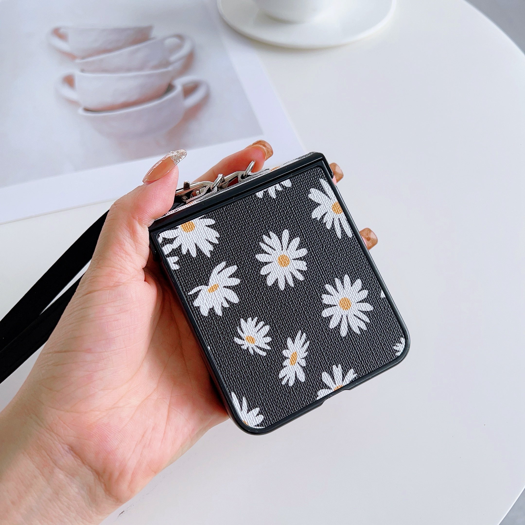 For Samsung Galaxy Z Flip6 5G Chrysanthemum Pattern PU Leather + PC Phone Cover with Crossbody Strap - Blue For Samsung Galaxy Z Flip6 5G Chrysanthemum Pattern PU Leather + PC Phone Cover with Crossbody Strap - Blue